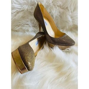 🛍️ Jimmy Choo Authentic Gold Glitter Fabric Eros Platform Pump